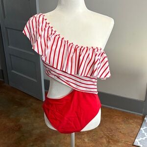 Chic Red and White Striped One-Shoulder Swimsuit